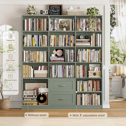 HOSTACK 71" Tall Triple Wide Bookshelf with Storage Drawers & Doors, Green
