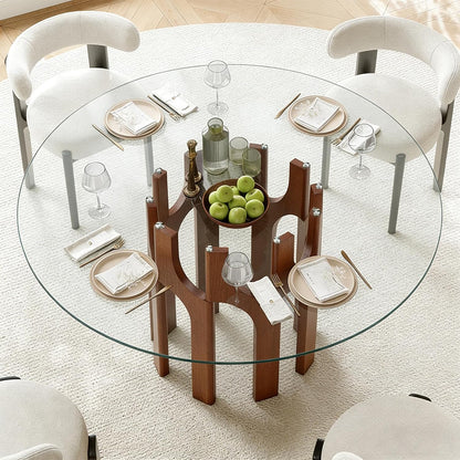 Round Glass Dining Table for 4-6, Modern 46-Inch Kitchen Table with Sturdy Pedestal Base & Clear Tempered Glass Top, Circle Dinner Table for Dining Room, Living Room & Small Apartment (Walnut)