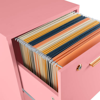 Lavish Home 2-Drawer Wooden File Cabinet with Lock, Pink, 16” x 27” | Rolling Filing Organizer with Deep Drawer Storage for Under the Desk, Home, or Office