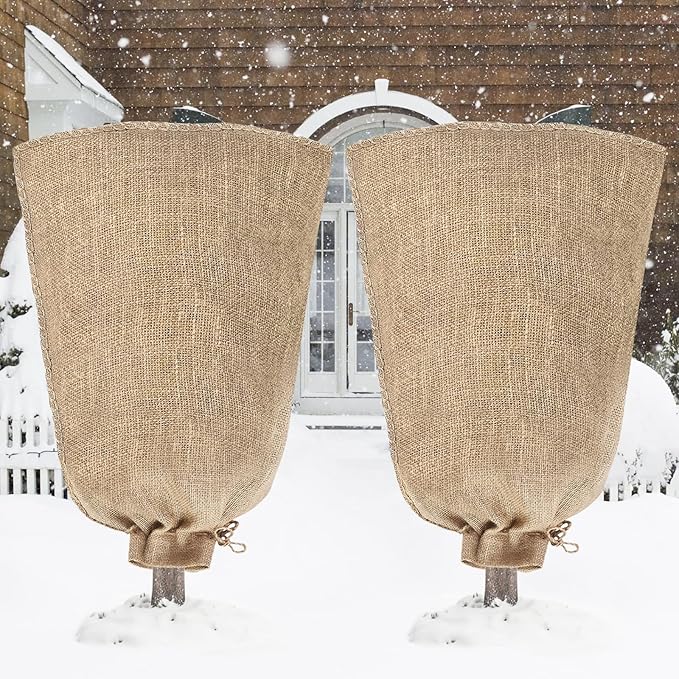 Riare 2 Packs 45 × 70 Inch Burlap Winter Plant Cover Bags with Drawstring- Reusable Large Burlap Sack Plant Frost Protector, Plant Frost Cloth Cold Tree Freeze Blanket for Outdoor Plants Shrubs Fruit