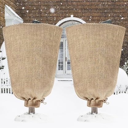 Riare 2 Packs 45 × 70 Inch Burlap Winter Plant Cover Bags with Drawstring- Reusable Large Burlap Sack Plant Frost Protector, Plant Frost Cloth Cold Tree Freeze Blanket for Outdoor Plants Shrubs Fruit