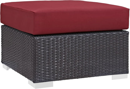 Modway Convene Wicker Rattan Outdoor Patio Square Ottoman with Cushions in Espresso Red