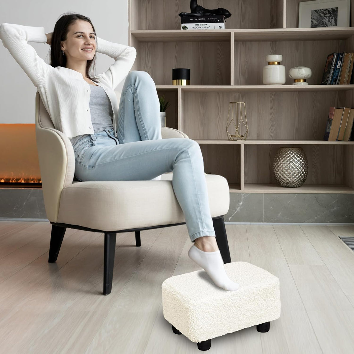 CAROLMADE Small Foot Stool Ottoman Footstool with Legs Under Desk Footrest for Living Room Bedroom and Office, Soft Ivory White