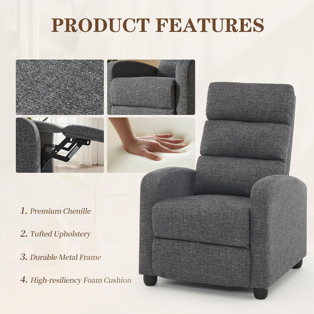Furnimart Small Manual Recliner Chair for Compact Spaces, Overstuffed Chenille, Chunky Cushion, Comfortable Single Sofa Recliner for Adults, Ideal for Living Room, Bedroom, Home Theater, Gray