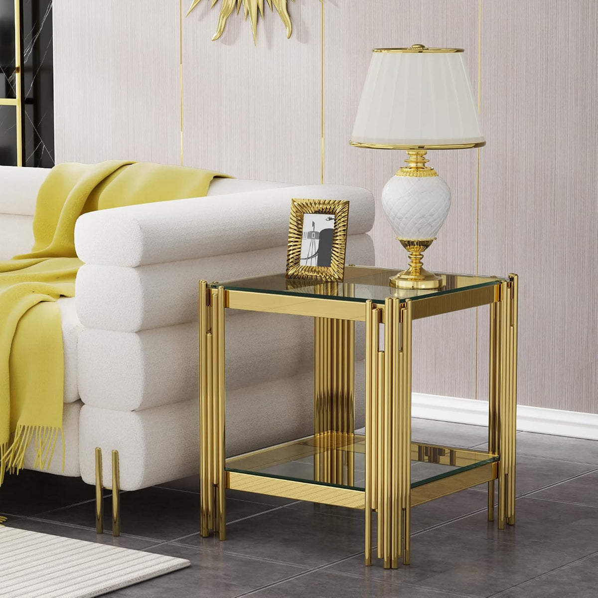 Small Side Table, Square End Table with Tempered Glass & Irregular Gold Stainless Steel Base, 2-Tier Modern Glass End Table with Storage Shelves, Luxury Accent Sofa Table for Living Room, Bedroom