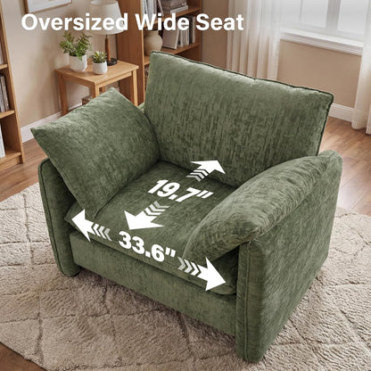 Elegant Oversized Accent Chair for Living Room, 42.1", Chenille, Green | Modern Upholstered Piping Single Reading Armchair with Cushion Backrest and 2 Pillows for Bedroom, Office, Reception Area