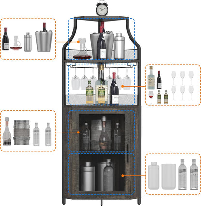 Garvee Corner Wine Rack Cabinet for Liquor Cabinet with Adjustable Shelves, 61 in Industrial Tall Bar Cabinet Freestanding with Mesh Door and Glass Holder for Kitchen, Rustic Brown