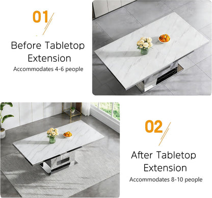 94 in Large Extendable Dining Table for 6 8 10, White Marble Pattern Top & Silver Mirrored Base, 3 Position Expansion 63" to 94", Modern Luxury Expandable Dining Room Table for Dinner Family Gathering