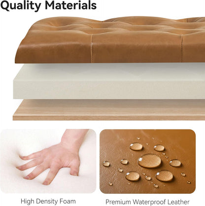 WUTUTUEE 47" Modern Water-Resistant Faux Leather Storage Ottoman Bench with Wooden Legs, Upholstered End of Bed Bench for Bedroom, Living Room or Entryway, Light Brown