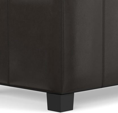 SIMPLIHOME Dover 36" Wide Vegan Leather Storage Ottoman in Tanners Brown | Contemporary ottoman with lift-top and safety hinges; upholstered rectangle storage bench for living room and entryway.