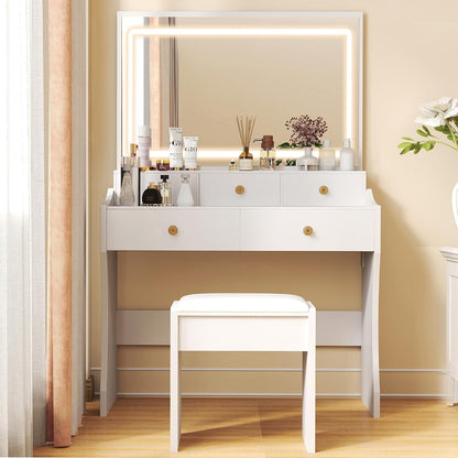 COMHOMA Makeup Vanity Desk with Mirror and Lights, Vanity Table and Chair Set with 5 Drawers & Charging Station, Modern Dressing Table for Girls, Stepless Dimmable & 3 Color Adjustable, Pearl White