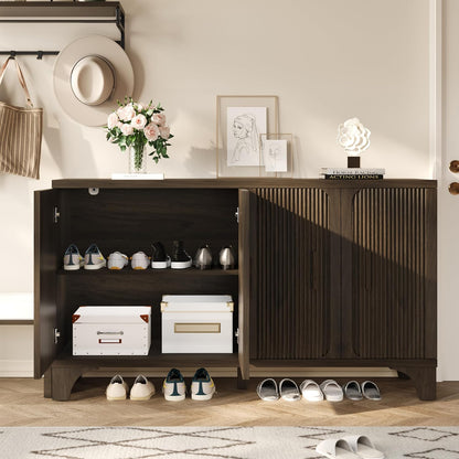Mid Century Modern Fluted Buffet Cabinet with Storage, Accent Sideboard and Credenza Storage Cabinet with Doors, Wood Coffee Bar Console for Kitchen, Living Room (Dark Brown, 55" 4-Door)