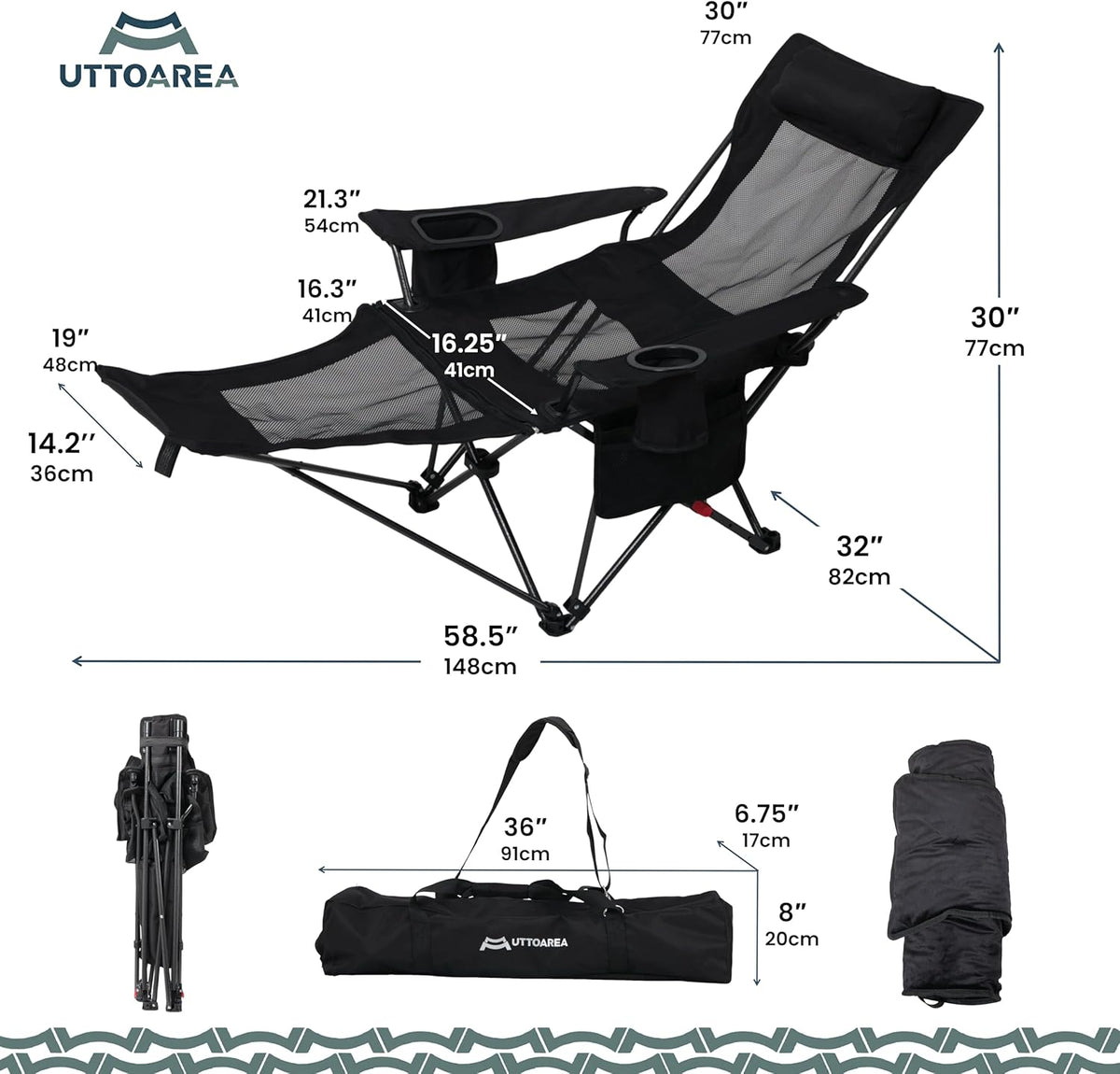 Portable Reclining Camping/Lounge Chair for Outdoor (1, Black) | Soft Cushion, 4-Position Backrest, Removable Footrest, Cup Holder & Versatile Carry Bag
