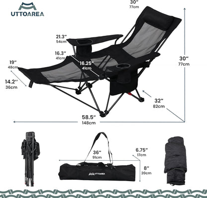 Portable Reclining Camping/Lounge Chair for Outdoor (1, Black) | Soft Cushion, 4-Position Backrest, Removable Footrest, Cup Holder & Versatile Carry Bag