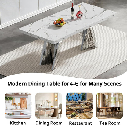 70" Faux Marble White Dining Table for 6, Modern Dining Room Table with 0.71" Marble Printing MDF Top and Flash-Shaped Silver Stainless Steel Base,Rectangular Large Kitchen Dinner Table
