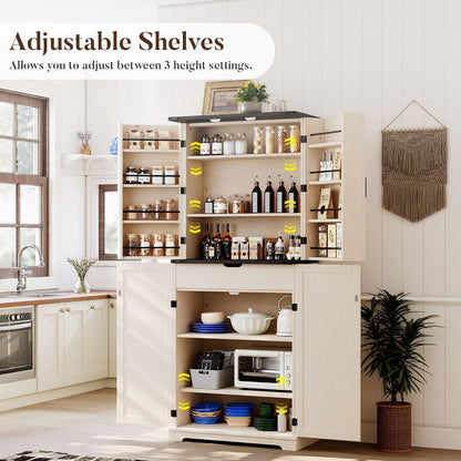 HOMPUS 71" Tall Kitchen Pantry Cabinet with Doors and Drawer, Farmhouse Storage Cabinet with Adjustable Shelves, Freestanding Wood Cupboard for Kitchen, Dining Room, Living Room, Bathroom, Off-White