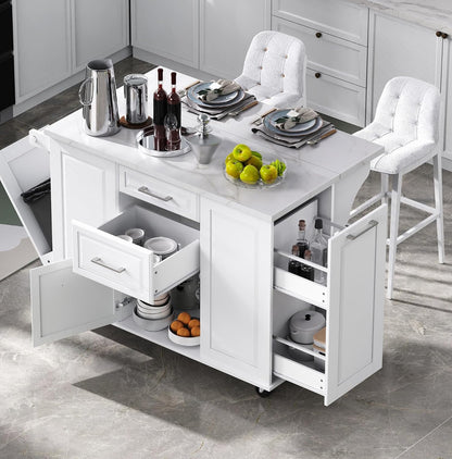 50.7" Kitchen Island with Trash Can Storage Cabinet & Drop Leaf | Island Table for Kitchen, White Faux Marble Top, Double-Tier Pull-Out Cabinet, Foldable Workspace, 5 Wheels