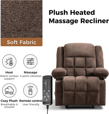 HAOMARKETS Manual Recliners with Massage and Heat for Adults, Classic Breathable Fabric Recliner Chair with 2 Cup Holders & Side Pockets, Overstuffed Heavy Duty Reclining Sofa for Living Room,Brown