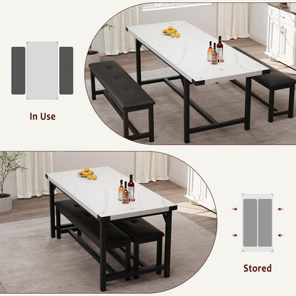 Garvee 63 in Extendable Dining Table Set for 4-6 People, 3-Piece Kitchen Table Set with 2 Upholstered Benches, Farmhouse Dining Room Table Set for Kitchen, Living Room, Apartment, Marble White
