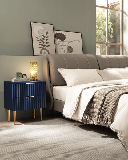 SICOTAS Night Stand Set 2, Fluted Glossy Nightstands Set of 2 with Drawers | Wide Modern Blue Storage Bedside Table for Bedroom, End Side Table with Golden Metal Legs and Handles, 2 Pieces