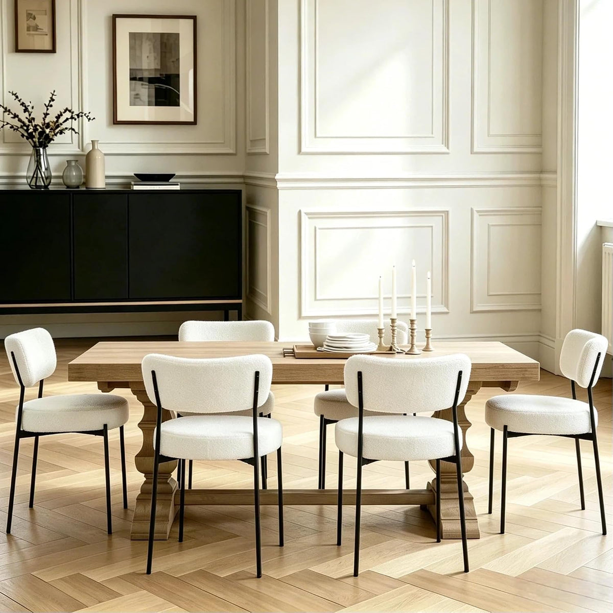 Boucle Dining Chair Set of 2, Mid Century Modern Upholstered Kitchen Chairs with Curved Backrest & Black Metal Legs, Round Dining Room Chairs, White