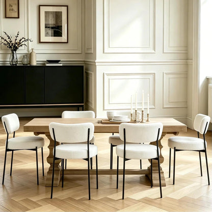 Boucle Dining Chair Set of 2, Mid Century Modern Upholstered Kitchen Chairs with Curved Backrest & Black Metal Legs, Round Dining Room Chairs, White