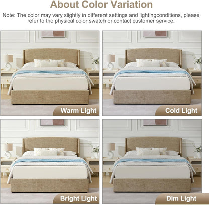 VELOCAVA Queen Storage Bed Frame with Curved Wingback Headboard, Linen-Look Upholstered Platform Bed Frame with 4 Pull-Out Drawers, Wood Slat Support, No Box Spring Needed, Beige
