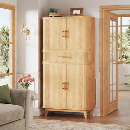 HUAHUU 71" Pantry Cabinet with Drawer, Kitchen Pantry Storage Cabinet with 4 Doors, Modern Curved Storage Cabinets with 10 Large Storage Spaces for Dining Room, Living Room, Oak