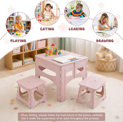 Kids Folding Table and 2 Chairs, Portable Plastic Activity Set, Light Pink | Rounded Corners, Easy Setup, Compact Storage, Lightweight Design for Crafts, Snacks, and Picnics