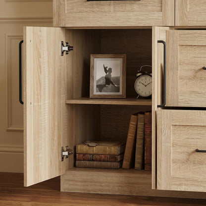 WOODTIME 102" H Kitchen Pantry with LED Light, Glass Doors, Shelves & 5 Drawers, Large Cupboard with Adjustable Shelves & White Countertop, Modern Display Storage Cabinet for Dining Room, Natural