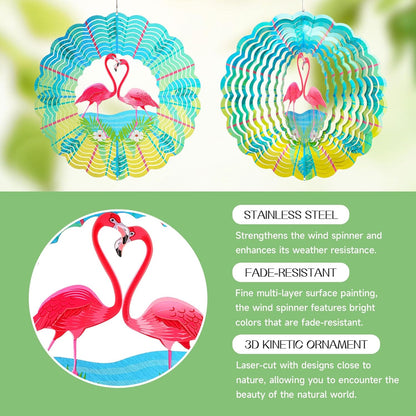 Flamingo Wind Spinners Garden Yard Decor Gift for Women Men, 12 Inch Outdoor Metal 3D Wind Spinner, Stainless Steel Hanging Wind Catchers Kinetic Sculpture for Outside Decoration