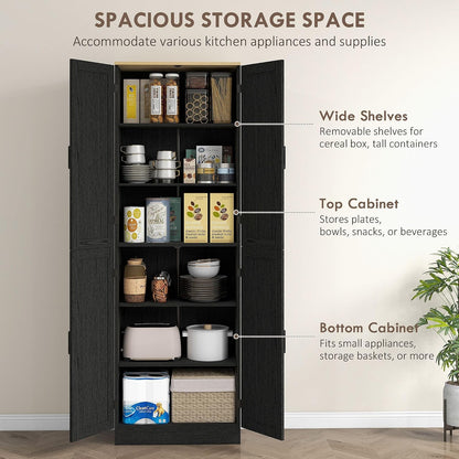 4-Door Industrial Freestanding Kitchen Pantry Cabinet with Multiple Adjustable Shelves, Distressed Black Finish and Sleek Design