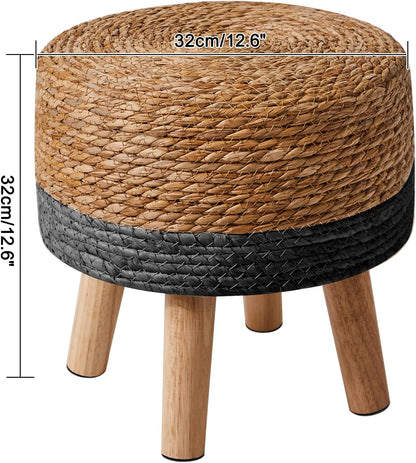 YMYNY Foot Stool, 12.6" Small Ottoman, Natural+Black,HBD027B | Natural Seagrass Hand Weave, Round Footrest, Non-Skid Wood Legs, Boho Style,for Living Room, Bedroom, Entryway