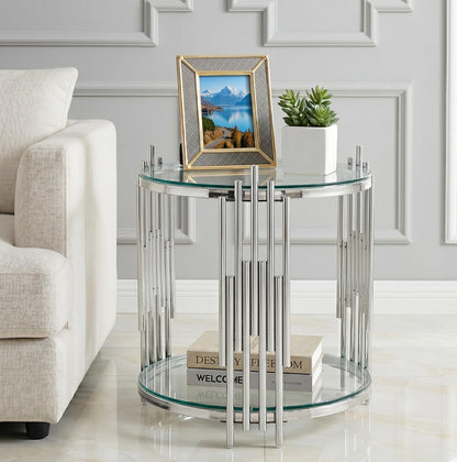 19.69” Round Glass End Table, 2-Tier Side Table with Clear Tempered Glass Top Silver Mirrored Stainless Steel Legs, Modern Luxury Nightstand Bedside Table with Lower Shelf for Living Room