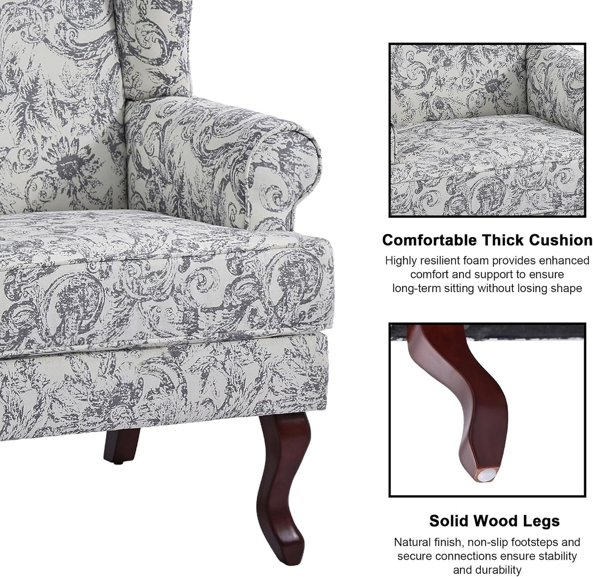 Mid-Century Modern Wingback Accent Chair, Rococo Light Grey, Set of 2 | High Back Upholstered Armchair with Solid Wood Legs, Comfy Single Sofa Reading Chairs for Living Room, Bedroom