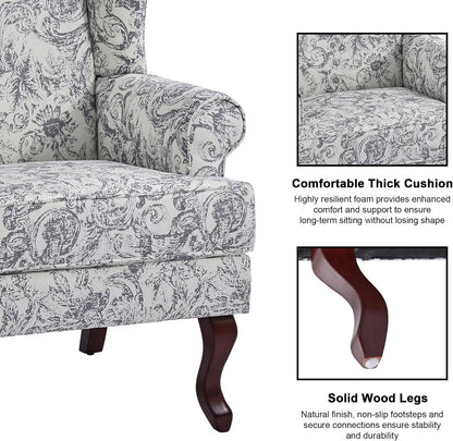 Mid-Century Modern Wingback Accent Chair, Rococo Light Grey, Set of 2 | High Back Upholstered Armchair with Solid Wood Legs, Comfy Single Sofa Reading Chairs for Living Room, Bedroom