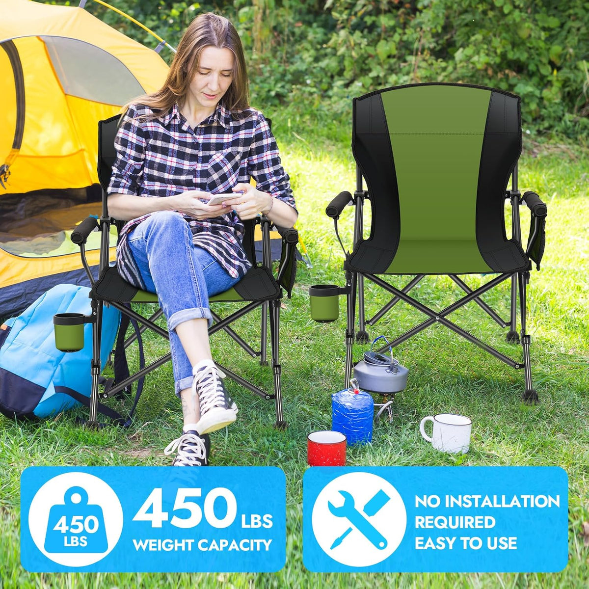 2 Pack Oversized Folding Camping Chair for Adults, Supports 450 LBS Camping Chairs, Heavy Duty Camping Chair with Side Pockets, Foldable Outdoor Chair for Camping, Beach, Fishing, Hiking, Green-Black