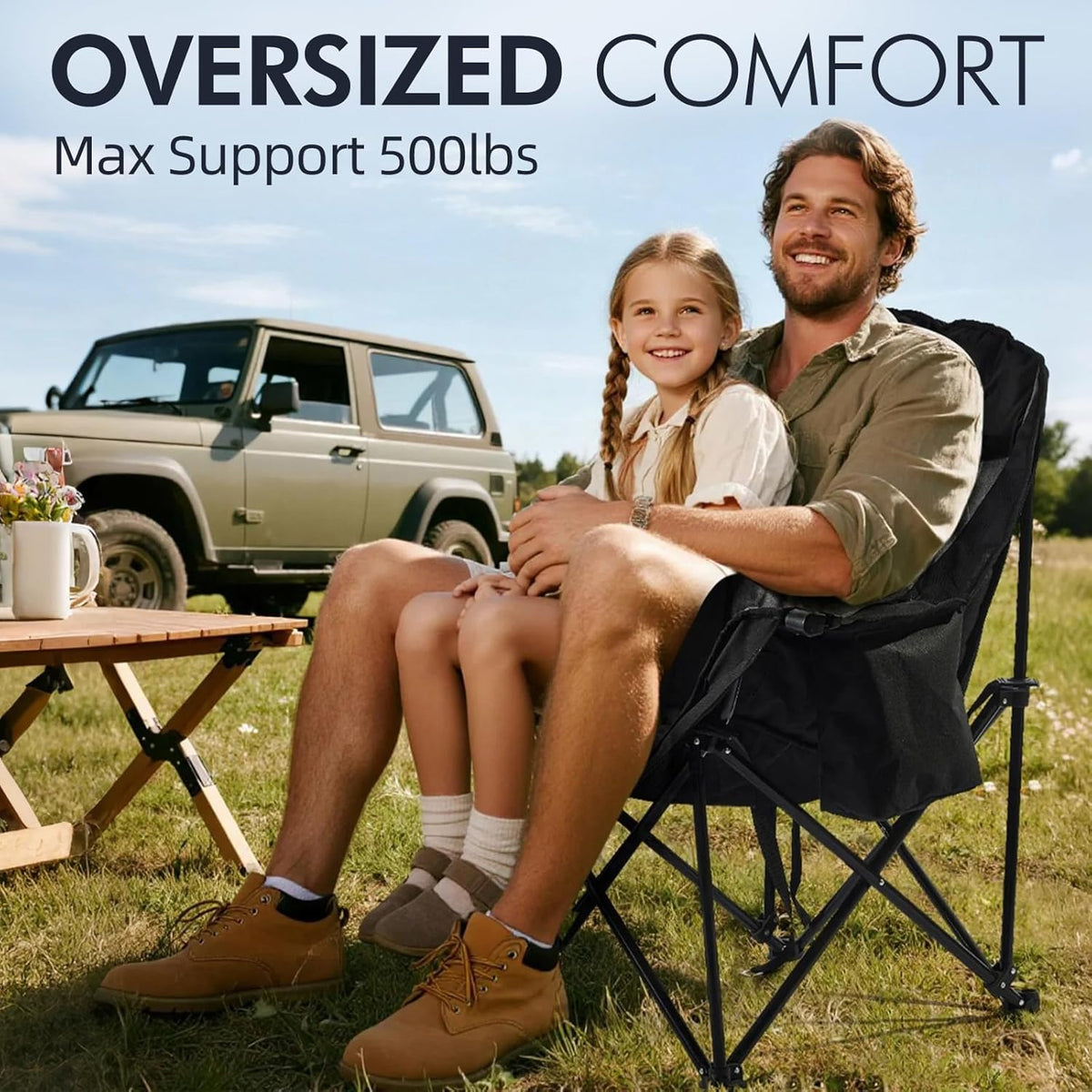 Oversized Camping Chairs for Adults - Heavy Duty Padded Outdoor Folding Lawn XL Camp Chair with Cup Holder Cooler Pockets for Outside Sports Beach Fishing Garden Portable Supports 500lbs, Black