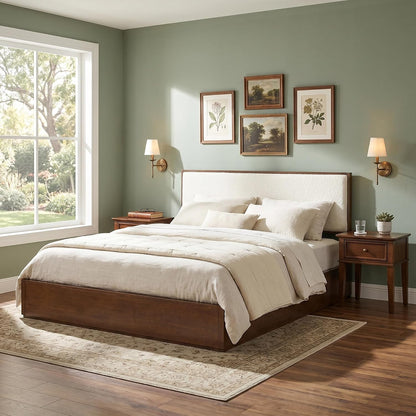 Merax Walnut Queen Size Platform Bed Frame, Modern Minimalist Wood Bed Frame with Plush Boucle Upholstered Headboard, Low Profile Modern Bed, Wood Slat Support, No Box Spring Needed