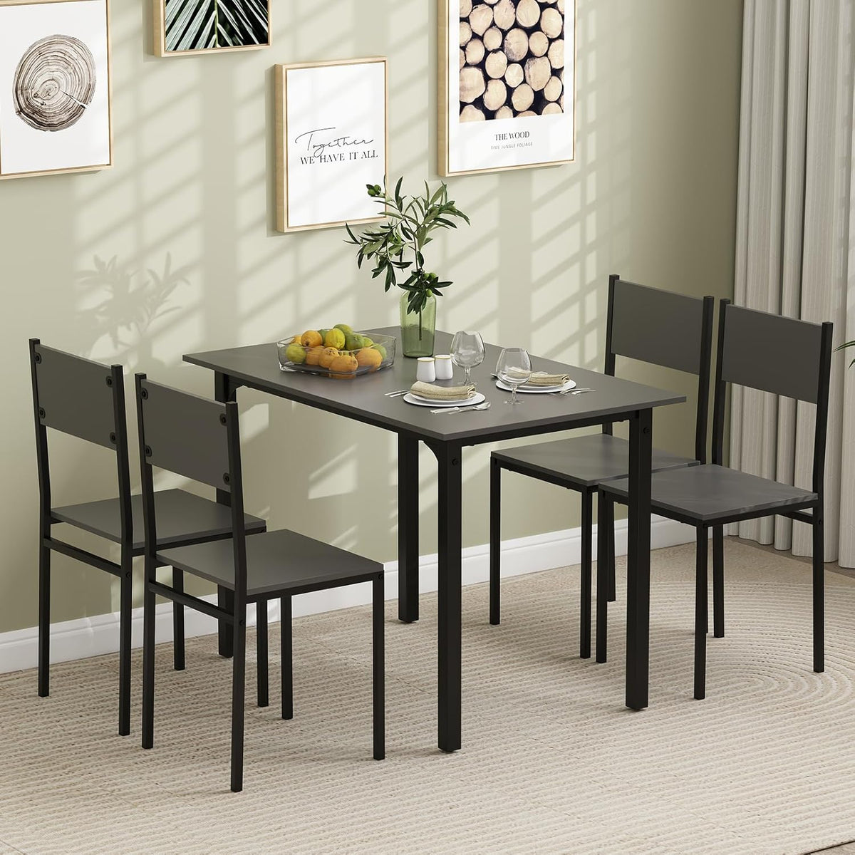 GOFLAME 5-Piece Dining Table Set, Industrial Kitchen Table and Chairs for 4 with Backrest and Metal Frame, Rectangular Space-Saving Dinette Set for Dining Room, Apartment, Small Space, Grey