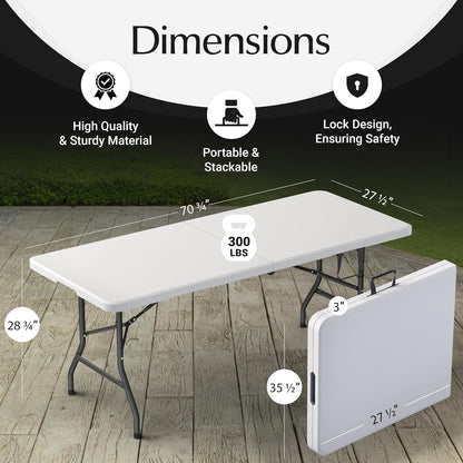 6 Feet Foldable Table with Built in Handle & Steel Legs | 6FT Heavy Duty Folding Portable | Perfect for Party, Dining, Wedding, Events, Picnic Indoor, Outdoor, Camping, Utility, Folding - 6 Foot