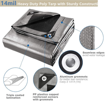 Yescom 12x24 Ft 14 Mil Heavy Duty Reinforced Poly Tarp Reversible Waterproof Tarpaulin Ground Sheet Cover Reversible Silver Black Tarps