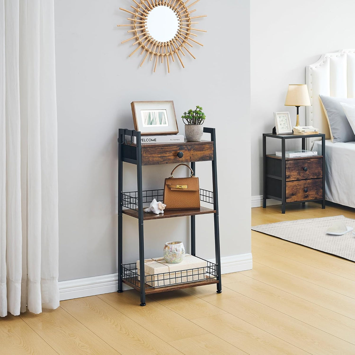Gewudraw 3-Tier Ladder Shelf with Drawer, Bathroom Table Stand for Small Space, Bathroom Standing Shelves with Storage for Living Room Bedroom Kitchen, Organizer Shelf, Rustic Brown