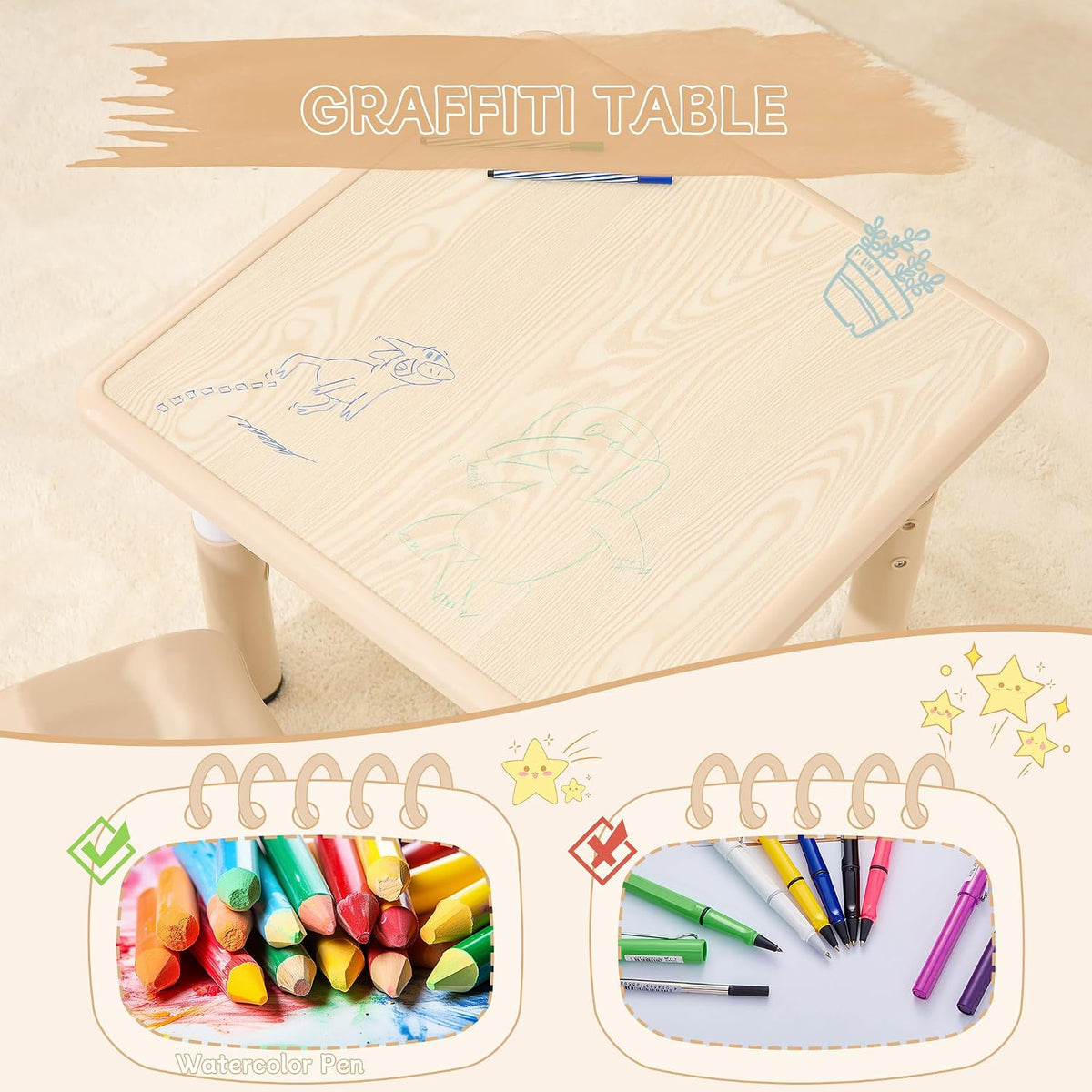 Kids Table and Chairs Set, 23.6''L x 23.6''W Toddler Table and Chairs, Height Adjustable Kids Study Table for Ages 2-10, Graffiti Desktop Children Activity Table with Anti-Slip Foot Covers