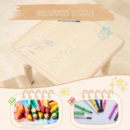 Kids Table and Chairs Set, 23.6''L x 23.6''W Toddler Table and Chairs, Height Adjustable Kids Study Table for Ages 2-10, Graffiti Desktop Children Activity Table with Anti-Slip Foot Covers