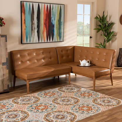 Faux Leather Corner Sofa Bench, Walnut Wood Finish, 2-Piece Dining Set