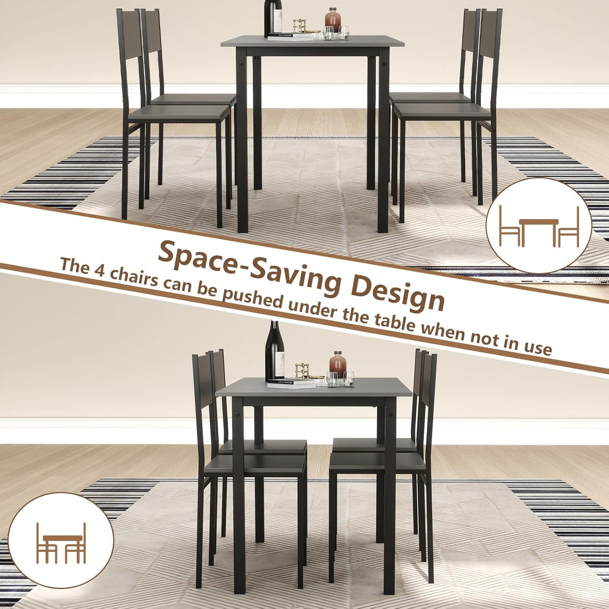 GOFLAME 5-Piece Dining Table Set, Industrial Kitchen Table and Chairs for 4 with Backrest and Metal Frame, Rectangular Space-Saving Dinette Set for Dining Room, Apartment, Small Space, Grey