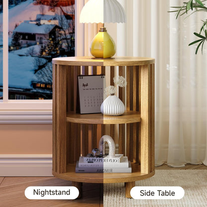Round End Table, Wood Bedside Table, Mid Century Modern Nightstand with Open Storage Shelf, 3 Tier Small Side Tables for Living Room, Bedroom, Curved Profile Design, Natural Oak(1-Pack)