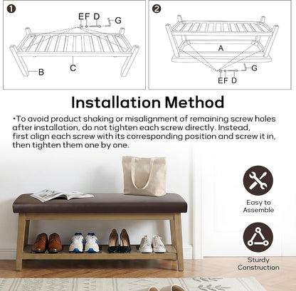 HUIMO Entryway Shoe Bench with Cushion, End of Bed Bench,Upholstered Bench for Kitchen, Bench with Solid Wood Shelf, Leather Ottoman Bench for Hallway, Living Room (PU-Brown)