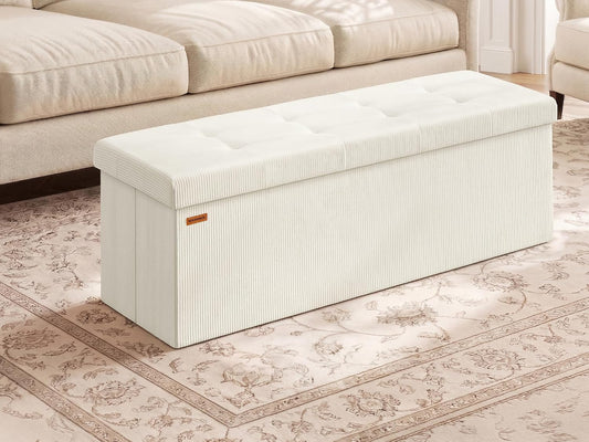 SONGMICS Ottoman Storage Bench, 43 Inch Foldable Foot Rest | Corduroy, for Entryway, Living Room, Bedroom, Cream White, MINOTA Collection ULSF604W01